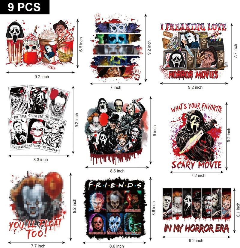 BANBBUR 9 Sheets Halloween Iron on Transfers for T-Shirts,Halloween DTF Transfers Ready to Press Heat Transfer Vinyl,Horror Movie Iron on Patches Sticker Halloween Iron on Decals for T-Shirt Clothes DIY - Image 2